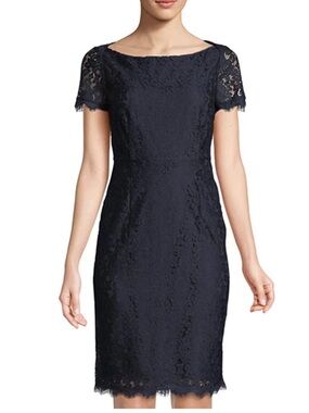Diane von Furstenberg Navy Blue Scalloped Lace Sheer Sleeve Sheath Dress Size M